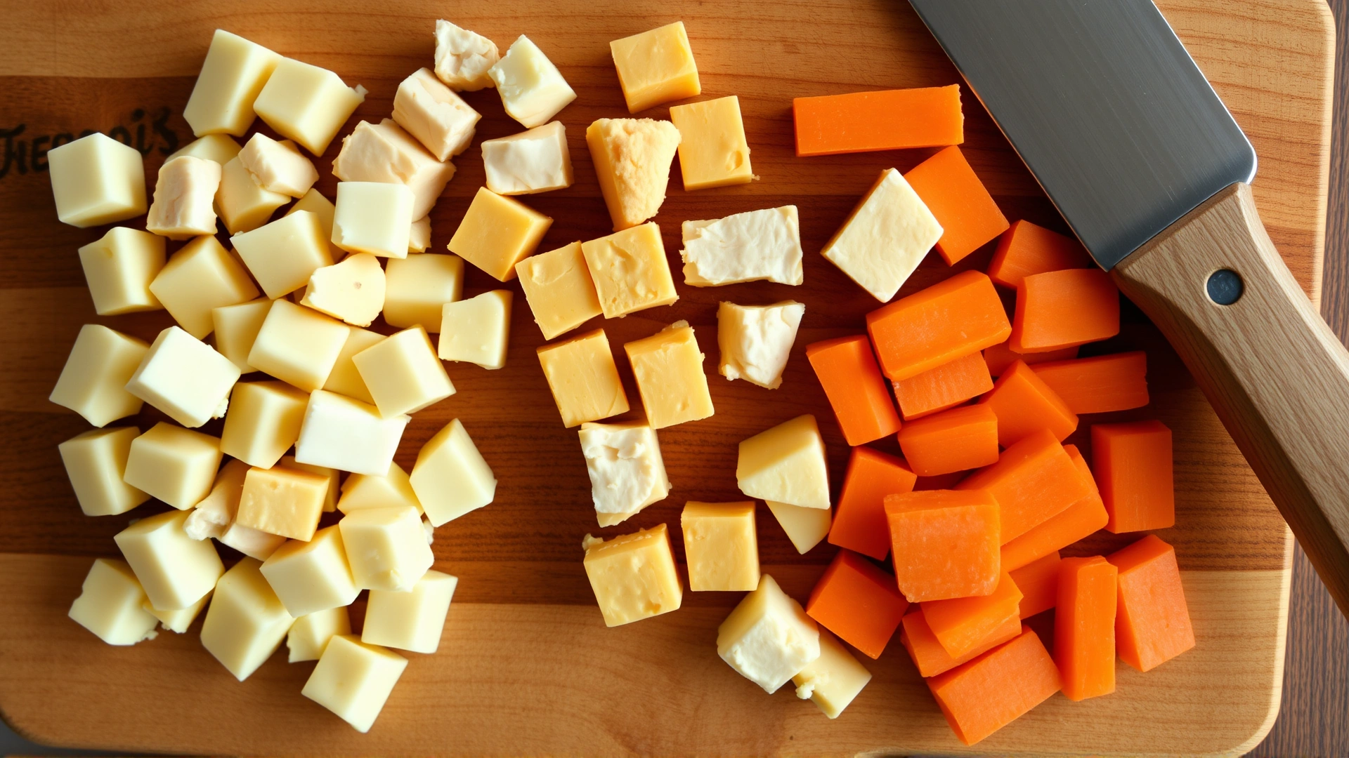 Overhead view of a wooden cutting board with small cubed pieces of boiled chicken, cheese, and sliced carrots arranged in tidy rows, suggesting homemade training treat options.