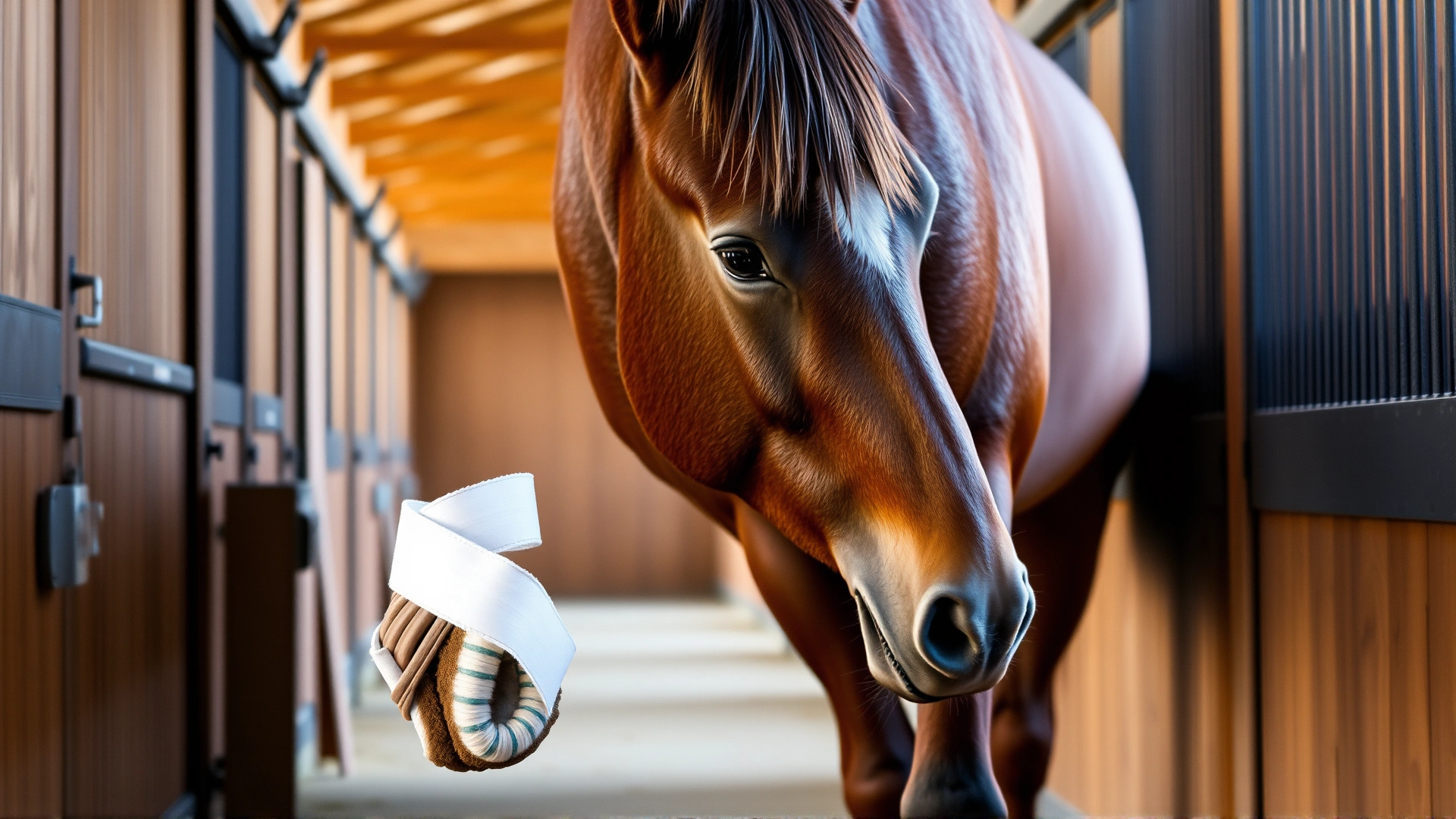Horse standing calmly with a white vet wrap bandage around its hoof, wooden barn corridor in background, realistic photo.
