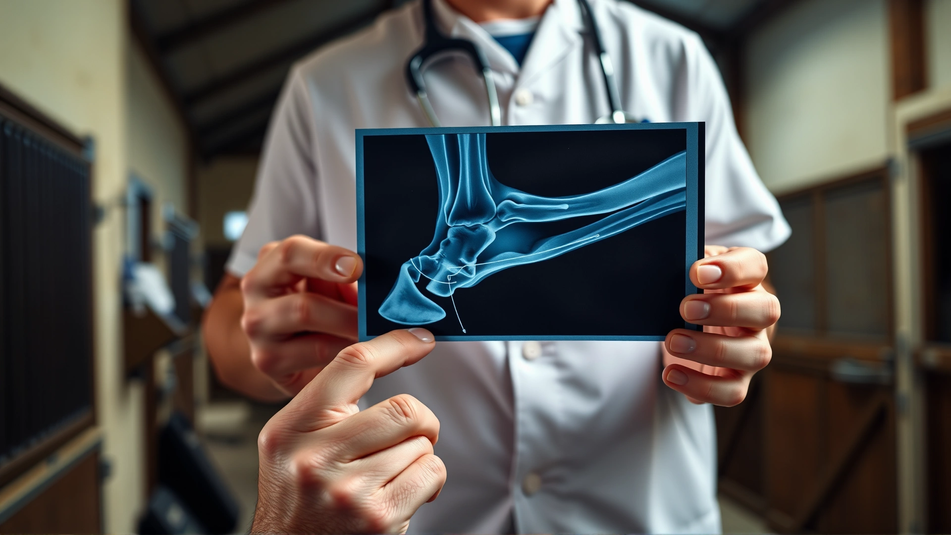 Equine veterinarian holding a radiograph image of a horse's hoof, illustrating bone rotation, stable interior in background