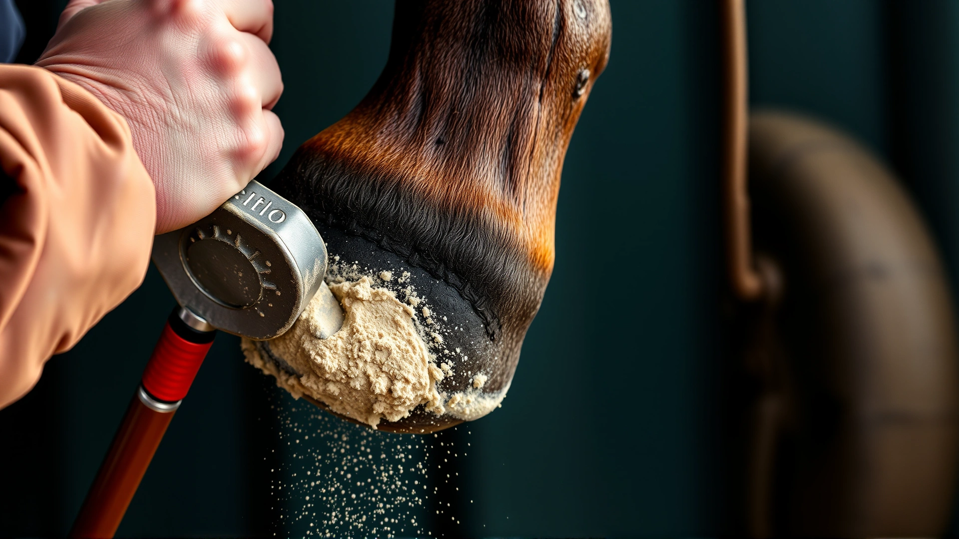 Close-up of a farrier lifting a horse hoof while applying a hoof supplement powder to the sole
