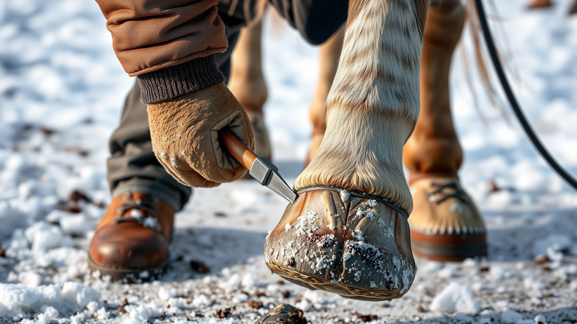 Farrier cleaning a horse’s hoof with snow on the ground, focus on hoof and tools, illustrating winter hoof maintenance.