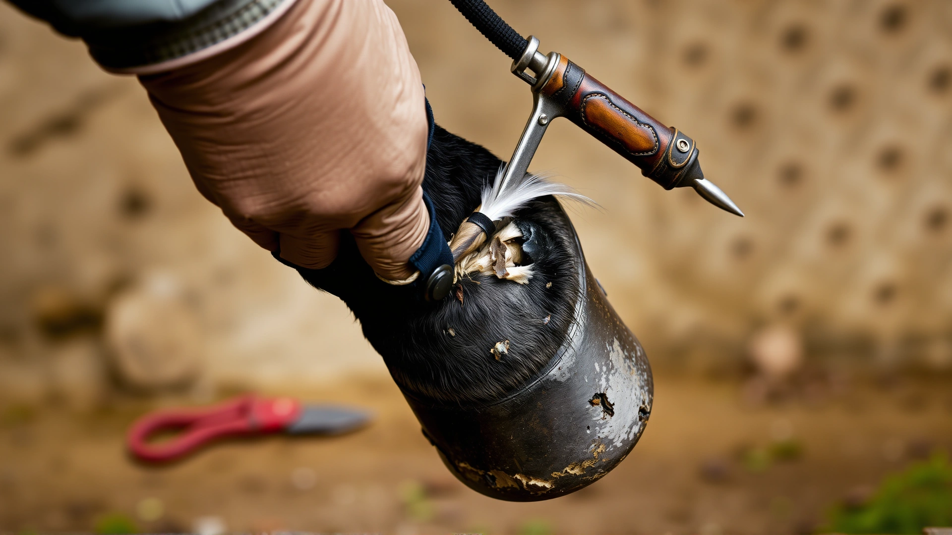 Farrier lifting an Irish Cob's hoof, showing the feather pulled aside and tools ready for trimming. Clear detail on the hoof and feather.