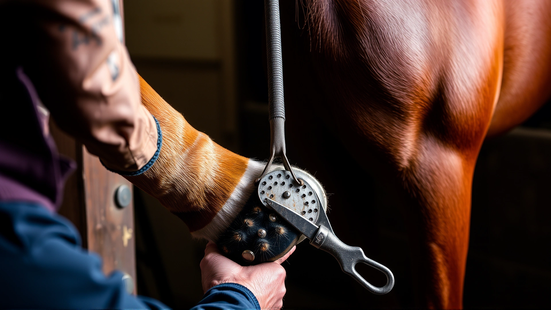 Farrier trimming the hoof of a calm chestnut Gelderland horse, close-up on hoof and farrier tools, stable interior.