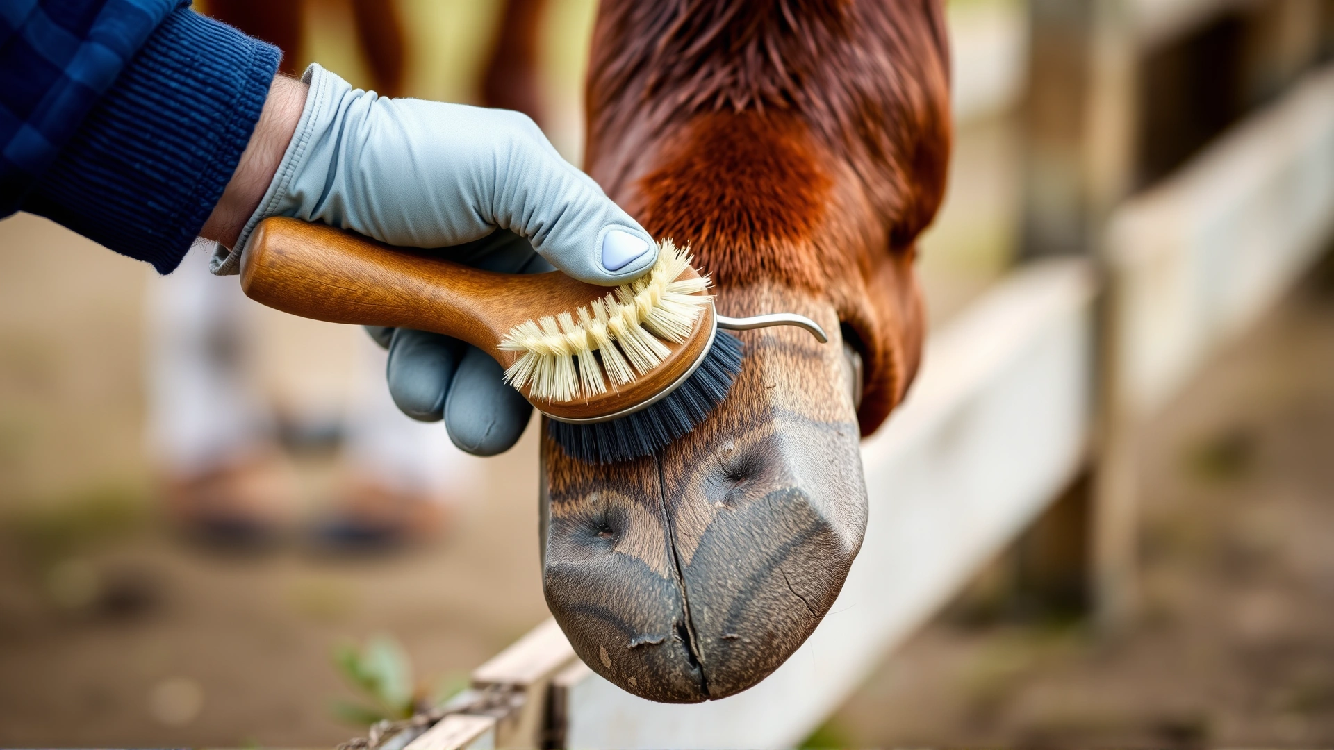 Owner wearing gloves cleaning a horse's hoof with a stiff brush and hoof pick, close-up perspective.