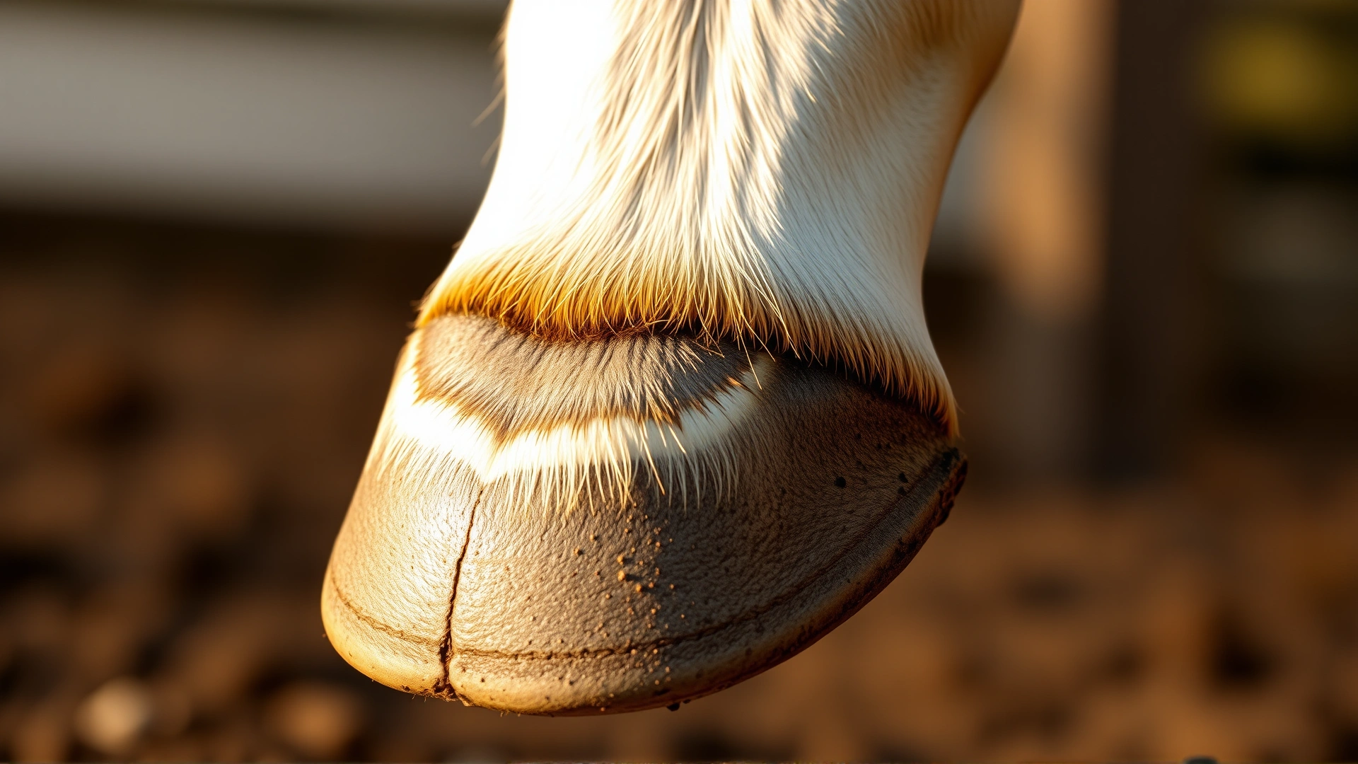 Macro photograph of a healthy horse hoof highlighting the white line region, sharp detail, warm lighting