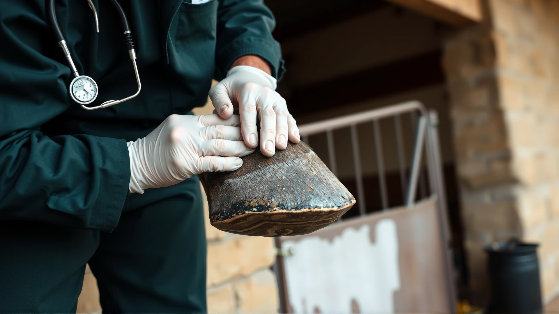 Close-up of a veterinarian gently lifting a horse’s hoof to inspect the sole and hoof wall, stable background, daytime, realistic photograph.