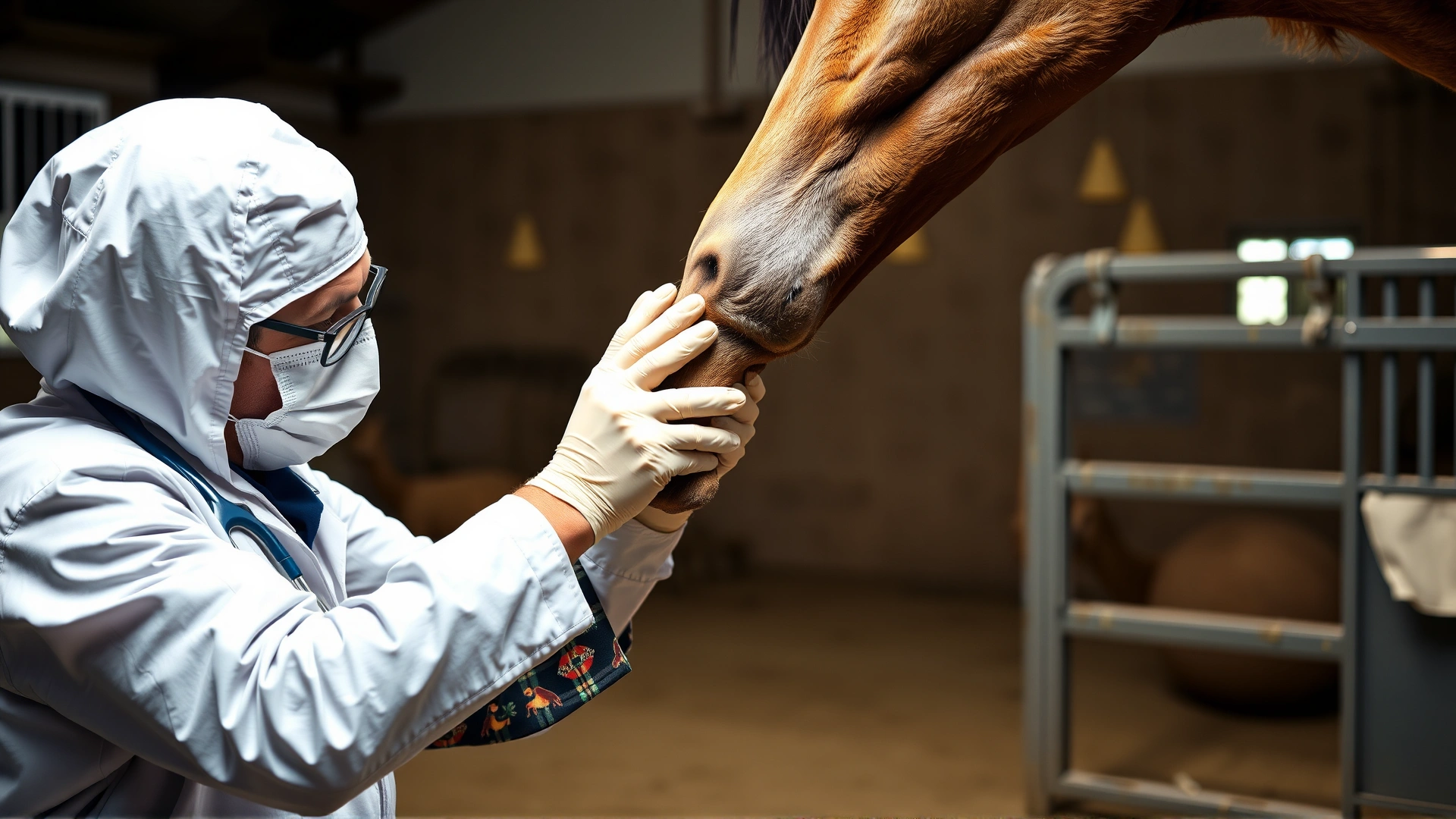 Veterinarian lifting a horse’s front leg to examine the hoof in a stable setting, focusing on laminitis inspection