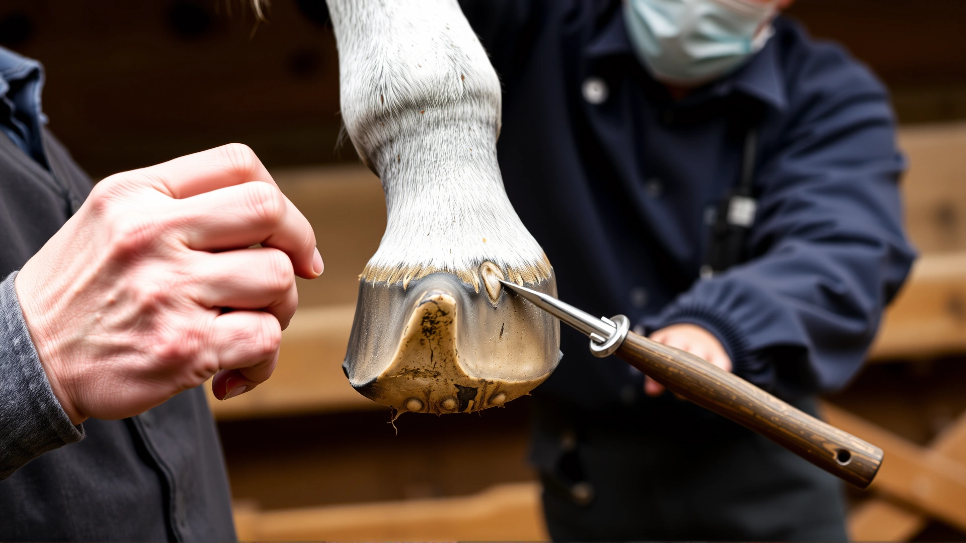 Farrier or veterinarian holding up a horse’s hoof and pointing to the sole with a hoof pick, stable background, realistic photo.