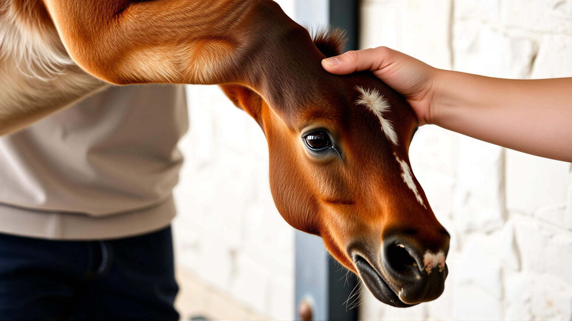 Foal calmly lifting its front hoof while a person supports it, demonstrating farrier preparation; clear view of hoof