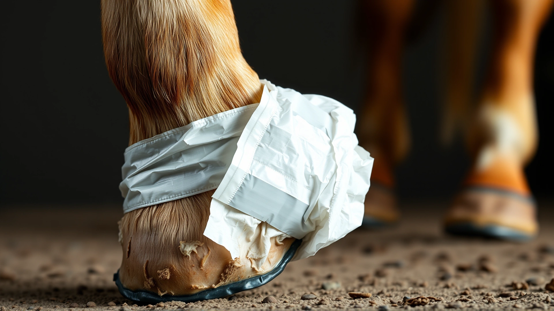 Bottom view of a horse’s hoof wrapped in a baby diaper and silver duct tape after poultice application