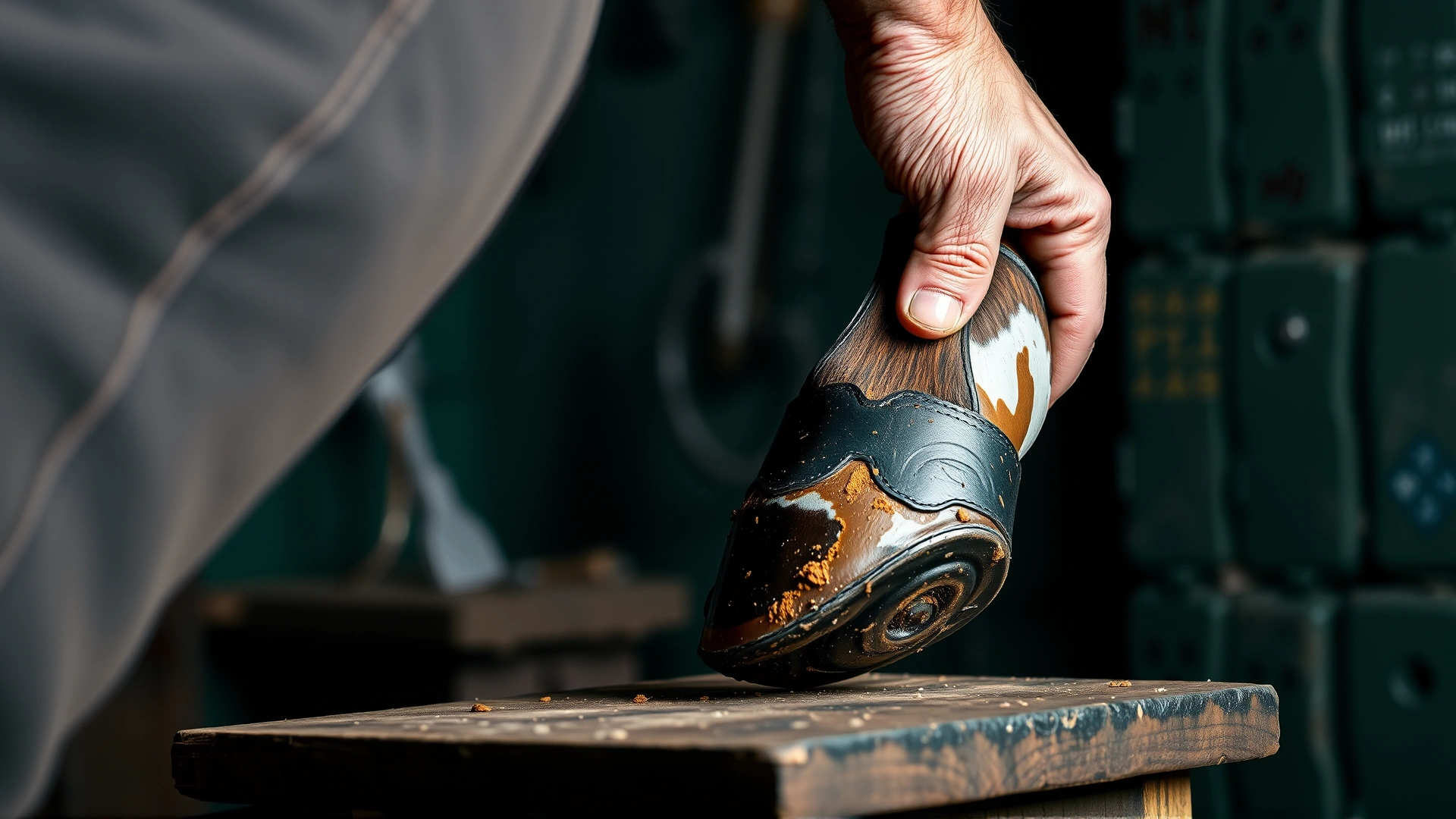 Farrier fitting a supportive shoe and rubber wedge on a horse hoof, close-up detail, workshop atmosphere