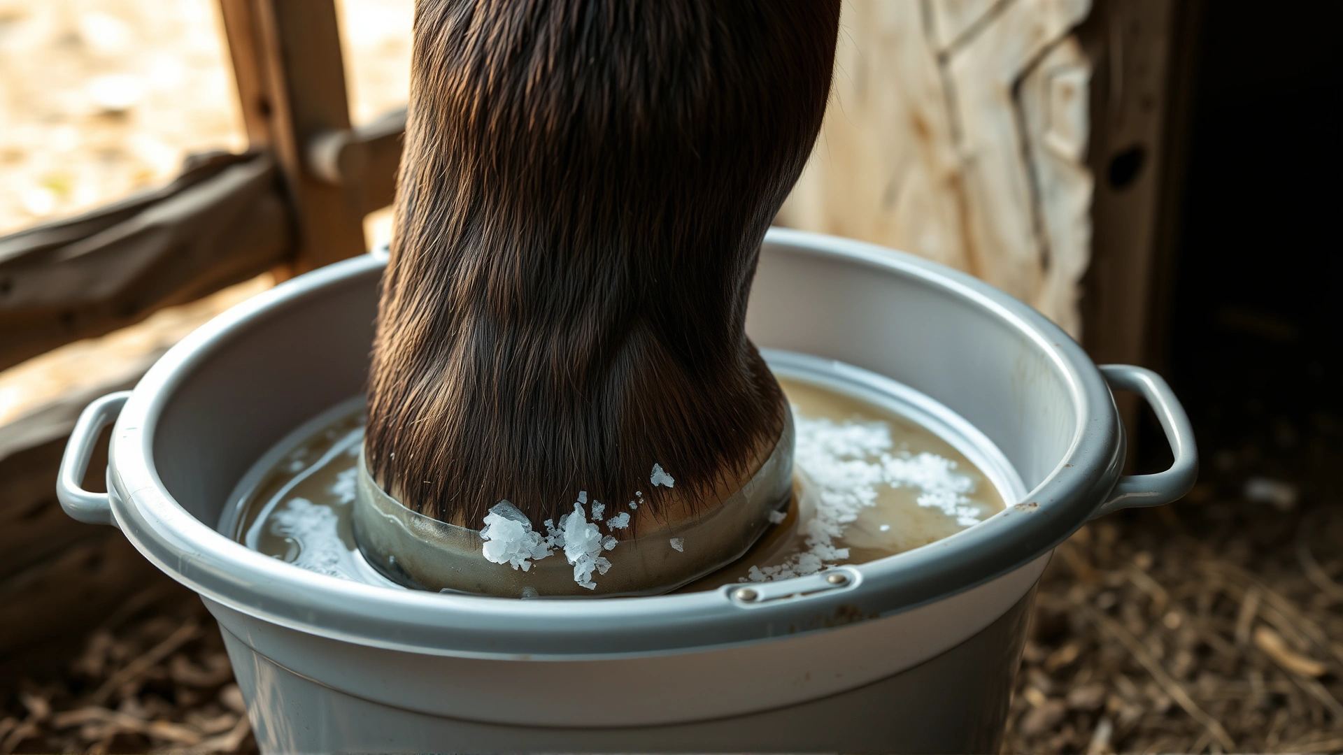 Horse hoof soaking in a rubber bucket filled with warm water and Epsom salt crystals, outdoor barn environment, close-up realistic photo.