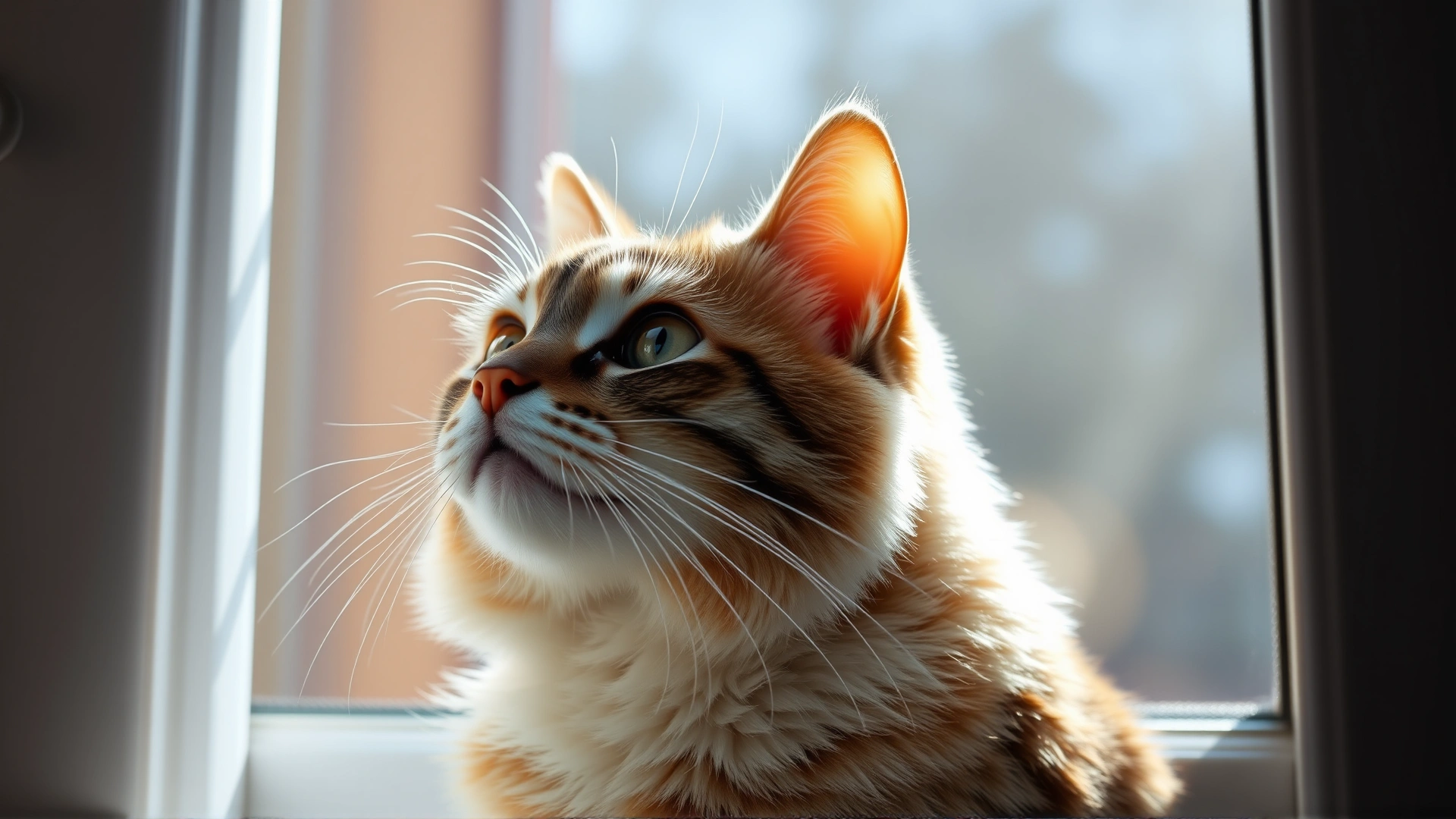 Healthy adult cat looking out of a window with soft sun rays, symbolizing recovery and hope