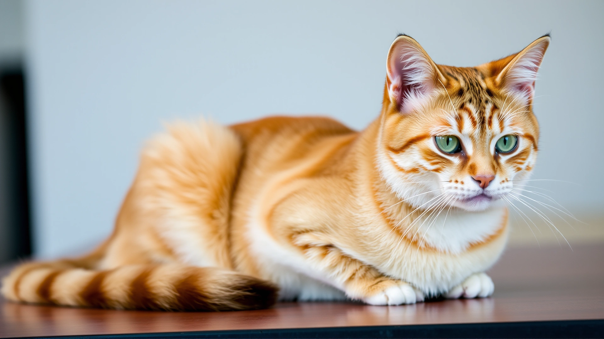 Close-up of a domestic cat showing symmetrical hair loss along both flanks while sitting calmly on a table