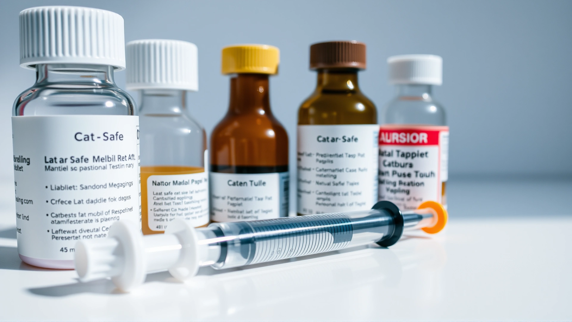 Close-up of cat-safe medication bottles and a syringe on a clean white surface, soft shadows, no labels or readable text.