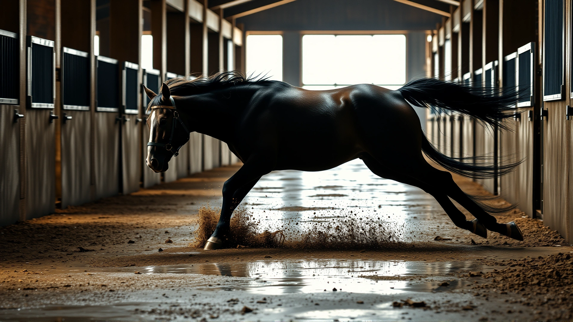 Action shot of a horse slipping on wet stable floor, capturing the moment before the horse hits its head, dynamic lighting, realistic photography