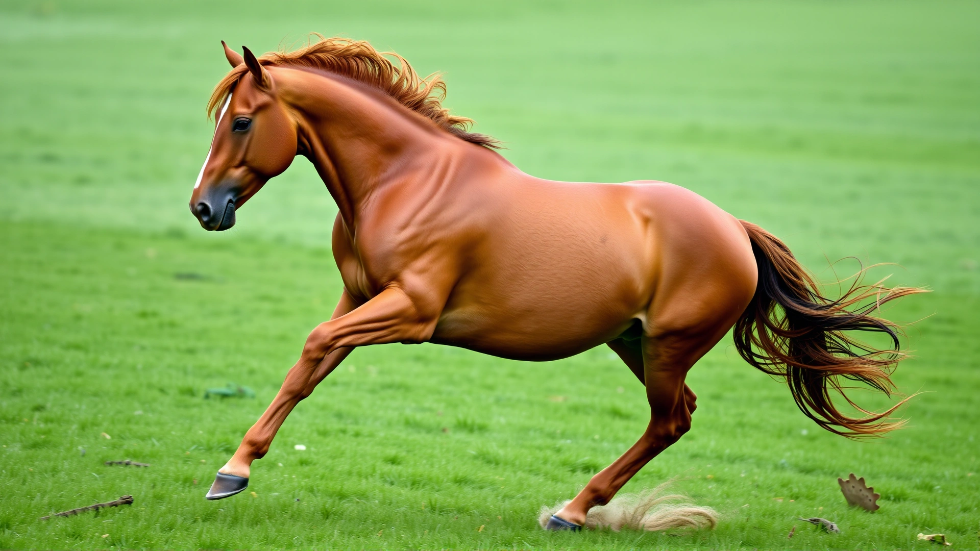 Chestnut horse galloping freely across a lush green pasture, mane flowing, emphasizing fluid joint motion