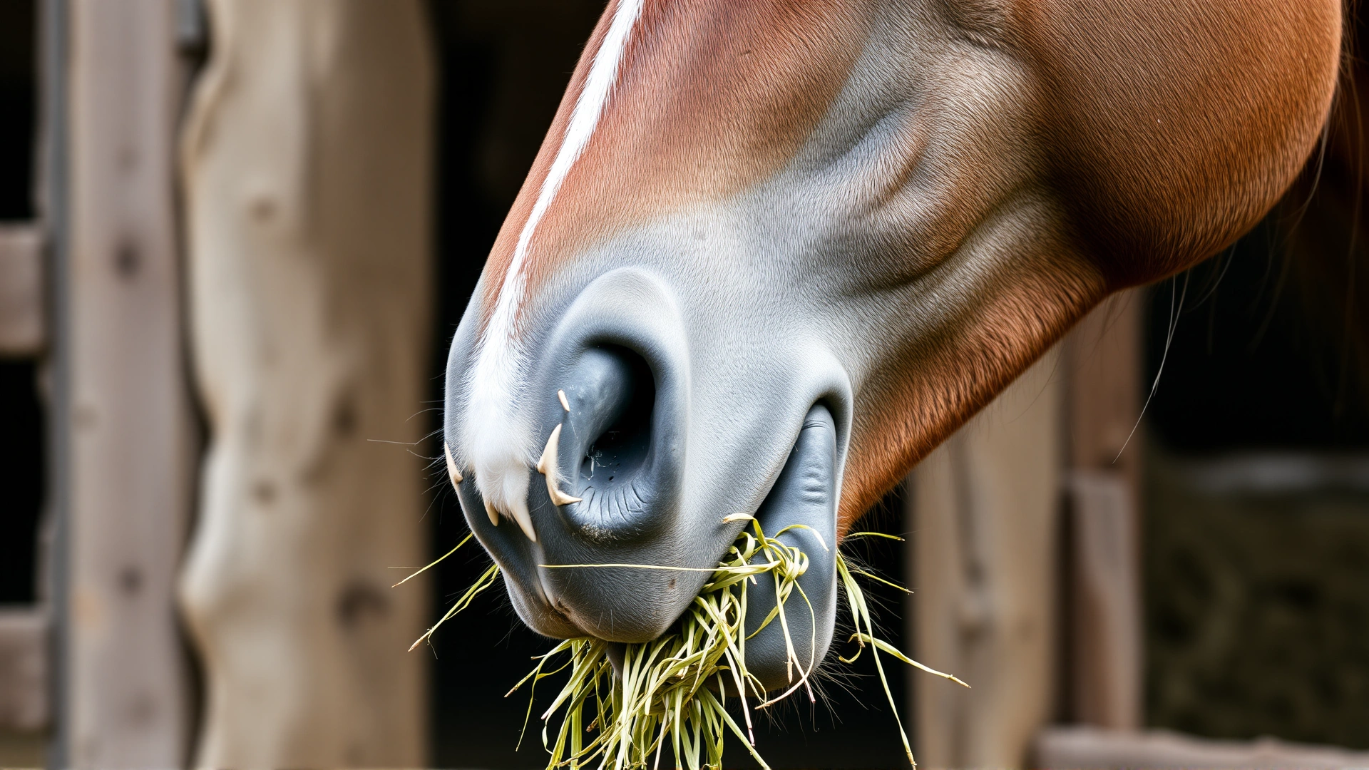 Close-up side profile of a horse chewing on hay with visible teeth and jaw muscles, natural stable environment, no text
