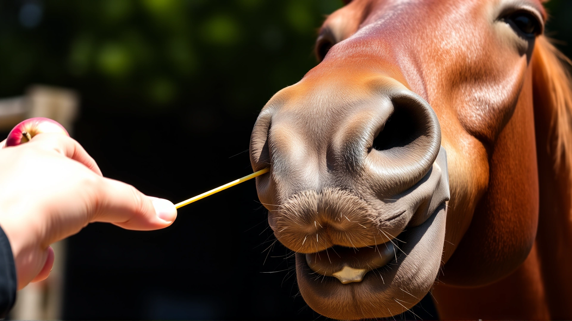 Close-up shot of a brown horse's muzzle gently grasping a red apple offered by a person's hand, bright natural lighting.