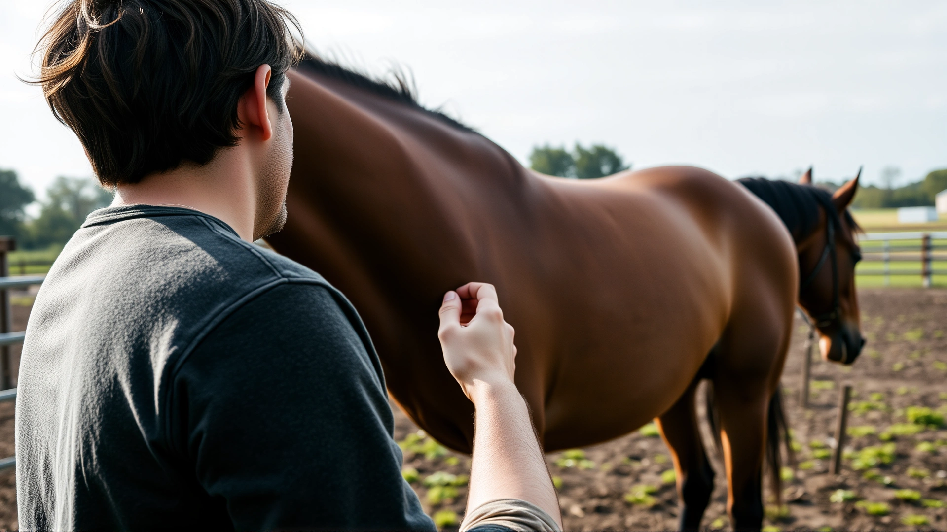 Side view of a person calmly approaching a horse from the shoulder with an open posture, outdoor paddock
