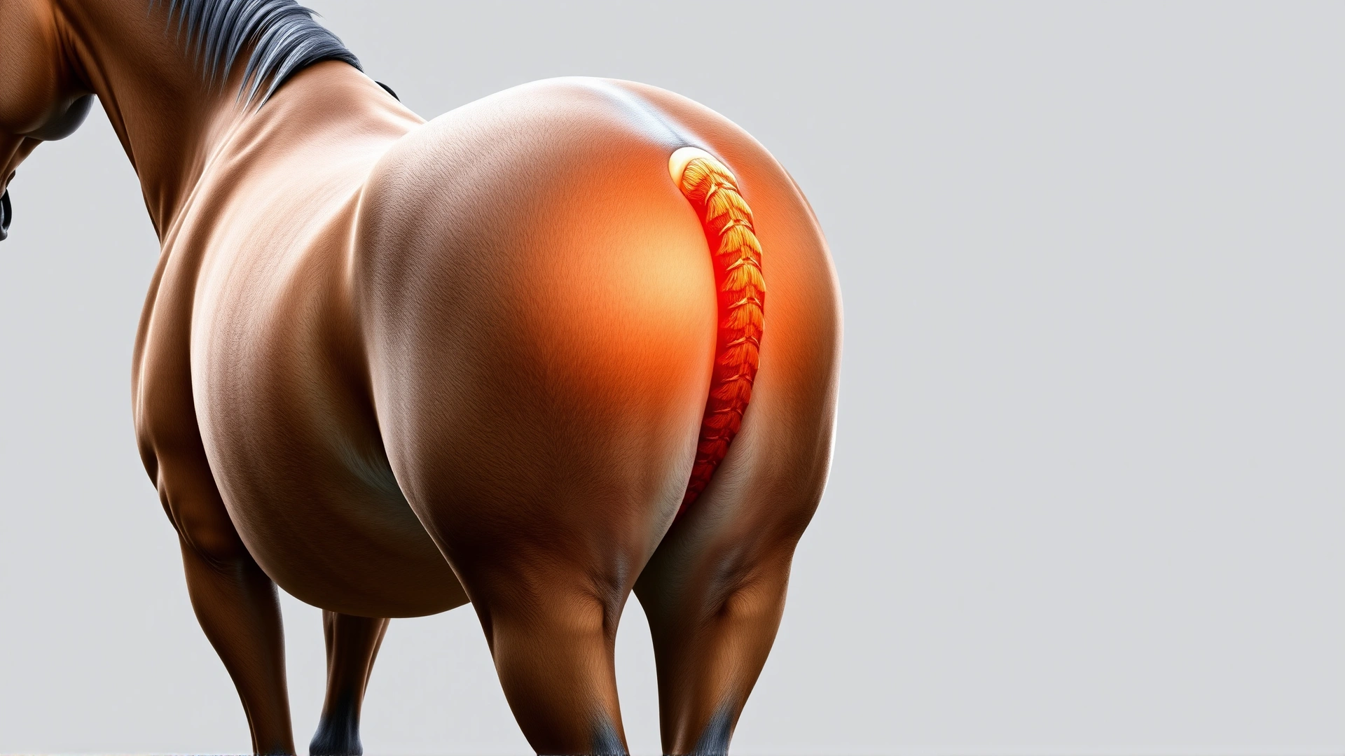Realistic photo of a horse with highlighted back musculature along the spine to visually represent equine back anatomy, neutral background.