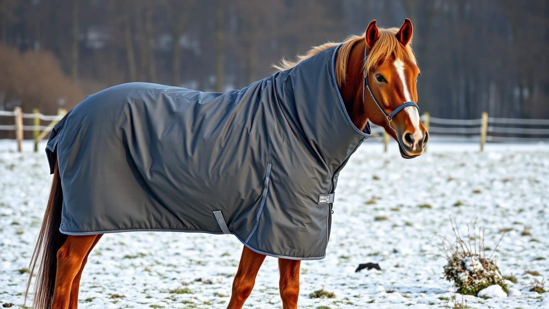 A chestnut horse wearing a waterproof winter blanket in a snowy pasture, blanket details visible, emphasizing proper blanketing.