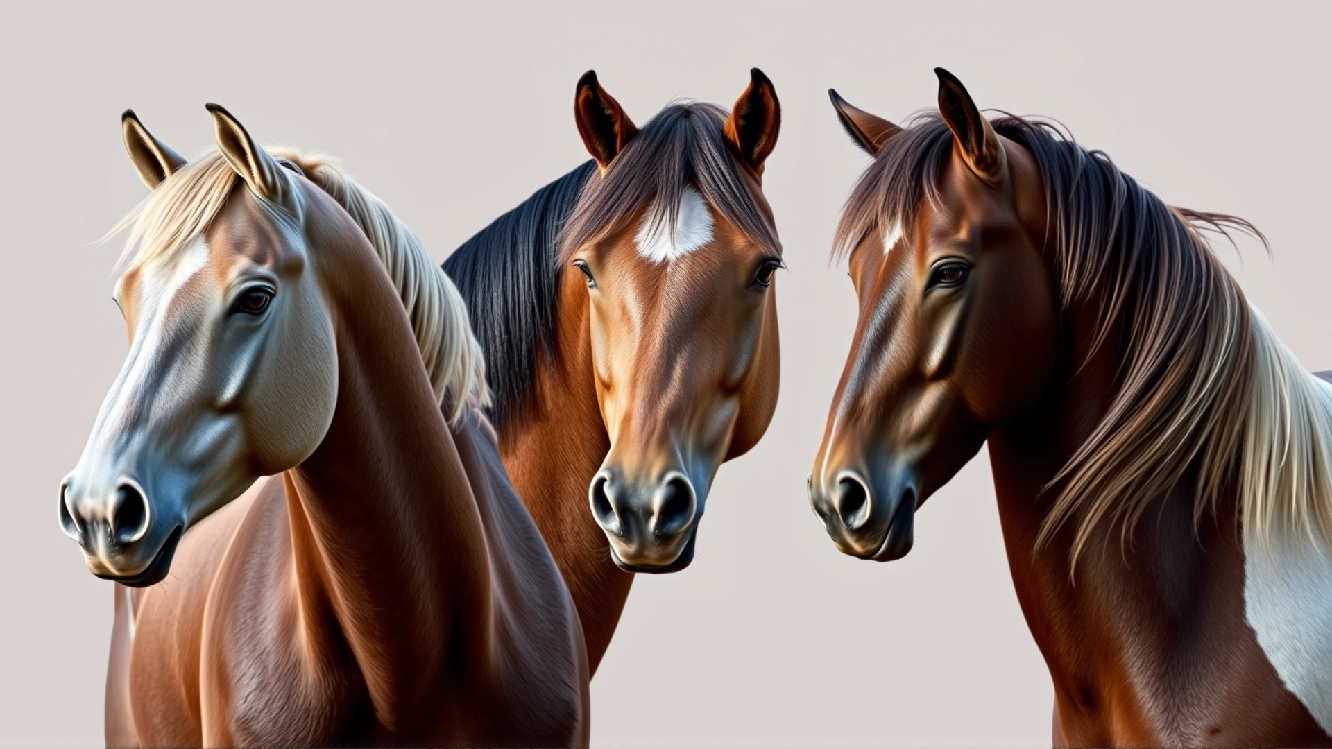 Collage-style image showing three horses displaying different ear positions and tail swishes, neutral background