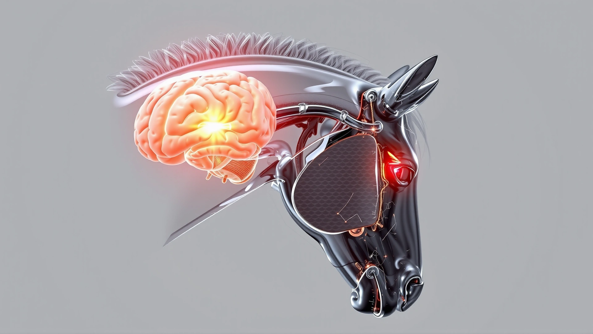 An artistic 3D render of a horse head in semi-transparent view revealing the brain with the cerebellum highlighted in a subtle glow, no labels or text