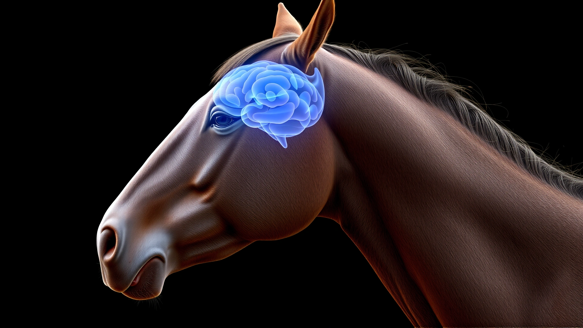 Side profile of a horse head with a semi-transparent rendering of the brain area glowing softly, realistic 3D composite without text