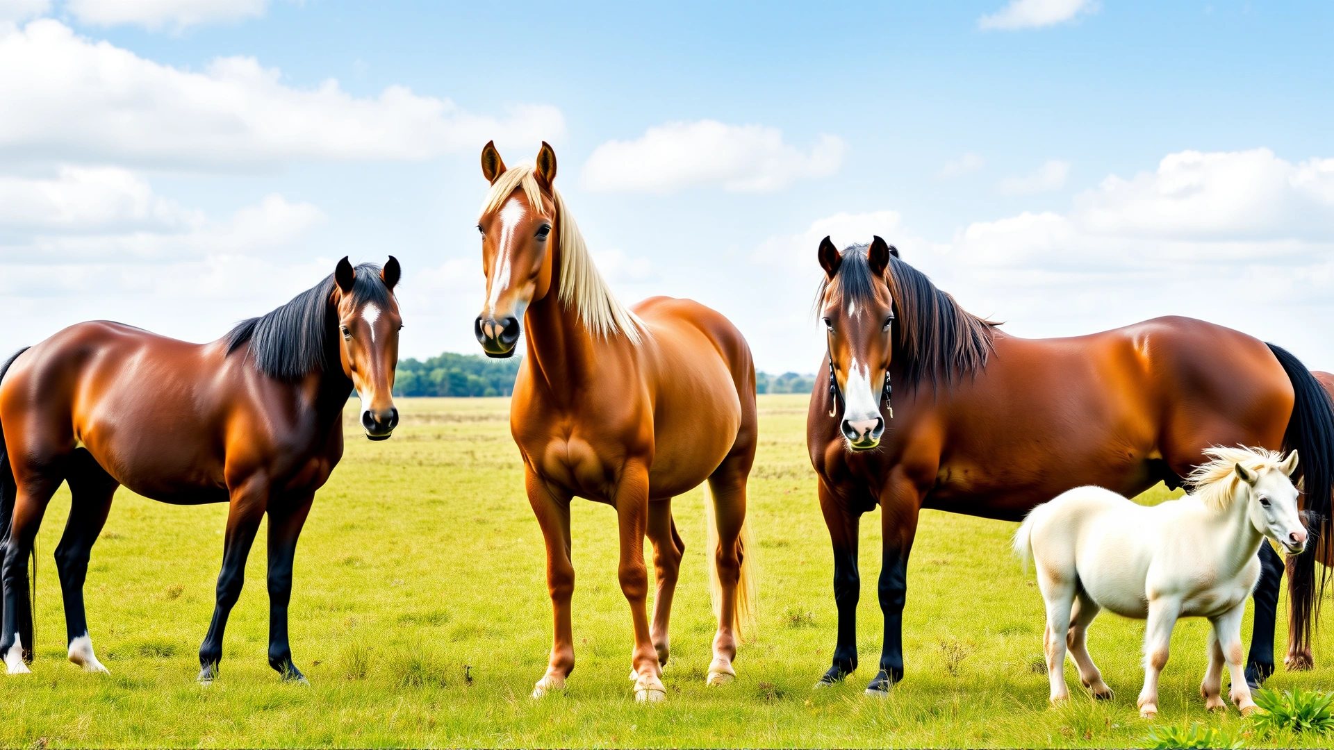 A group of four different horse breeds—Arabian, Friesian, Quarter Horse, and Shetland Pony—standing side by side in an open field, highlighting variety in size and color.