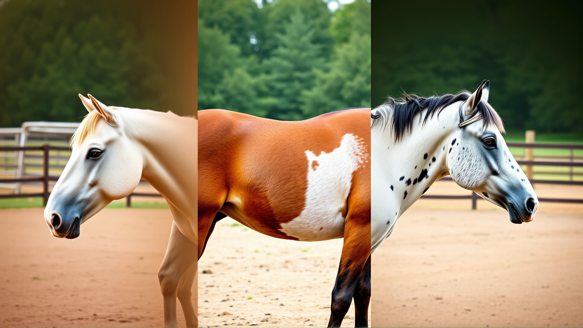 Side-by-side profile of three different horse breeds (Arabian, Quarter Horse, Appaloosa) standing in a paddock to illustrate predisposed breeds