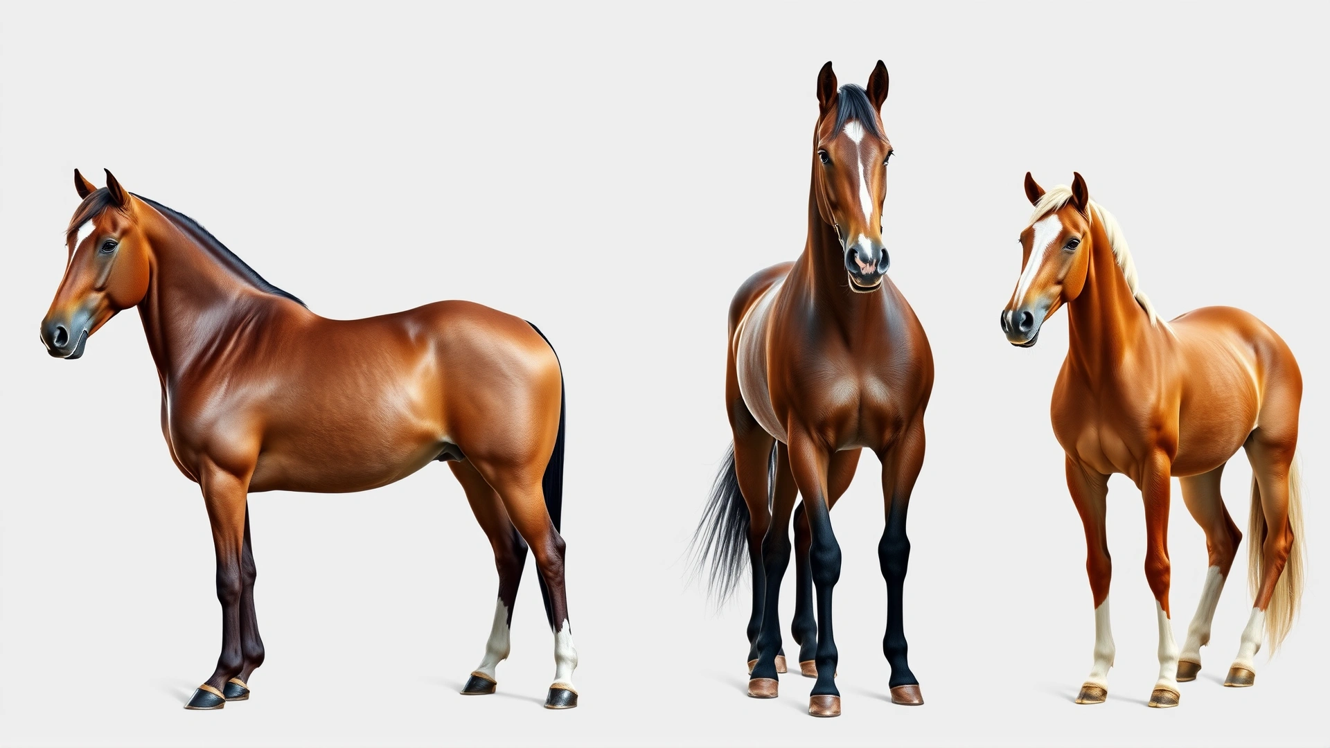 Collage-style image featuring four different horse breeds (Arabian, Thoroughbred, Quarter Horse, Shire) standing side-by-side on neutral background for visual size comparison