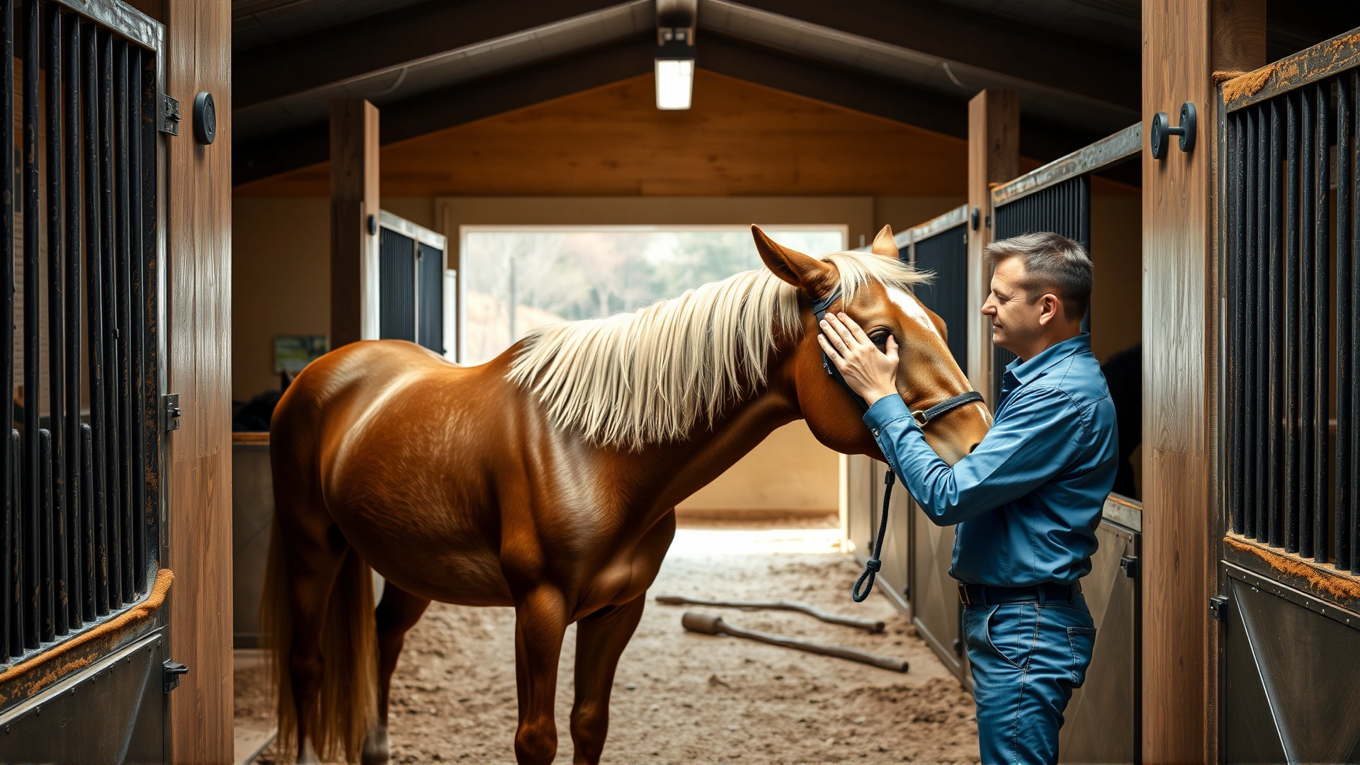 Stable scene showing a caretaker brushing a relaxed horse inside a clean, spacious stall.