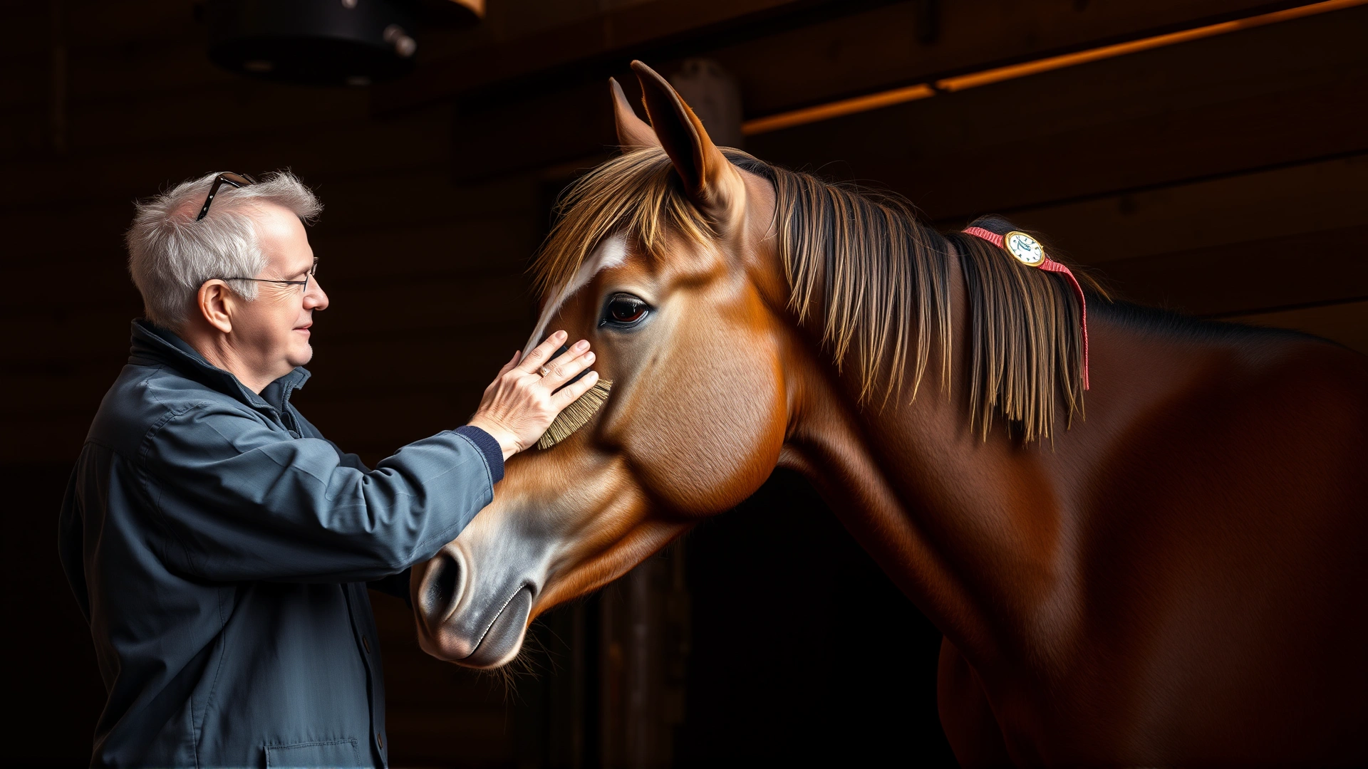 A caring owner gently brushing an elderly horse inside a wooden stable, warm natural light, no text