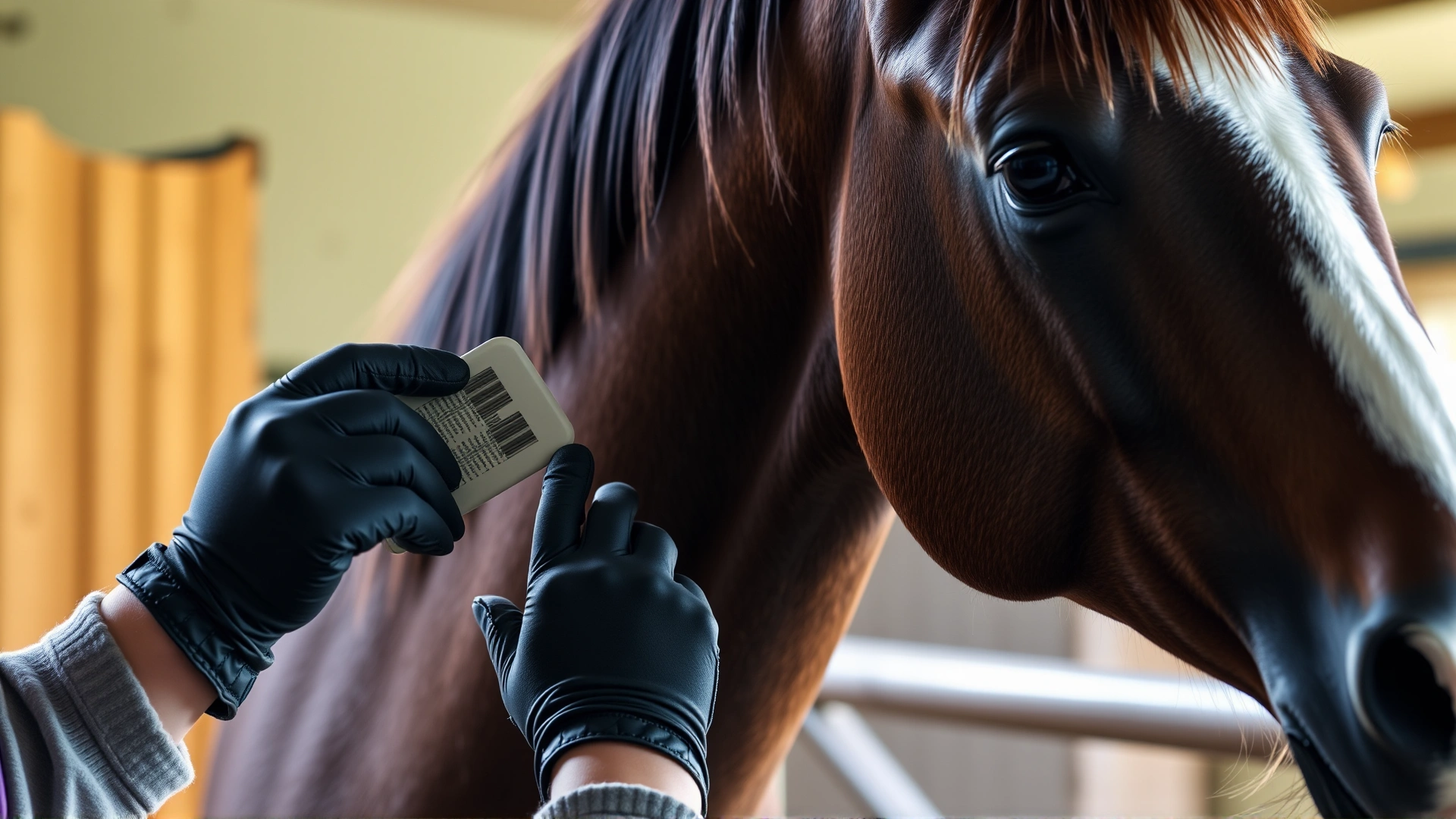 Horse owner wearing gloves using a curry comb to inspect the horse's coat for ticks during grooming session in stable.