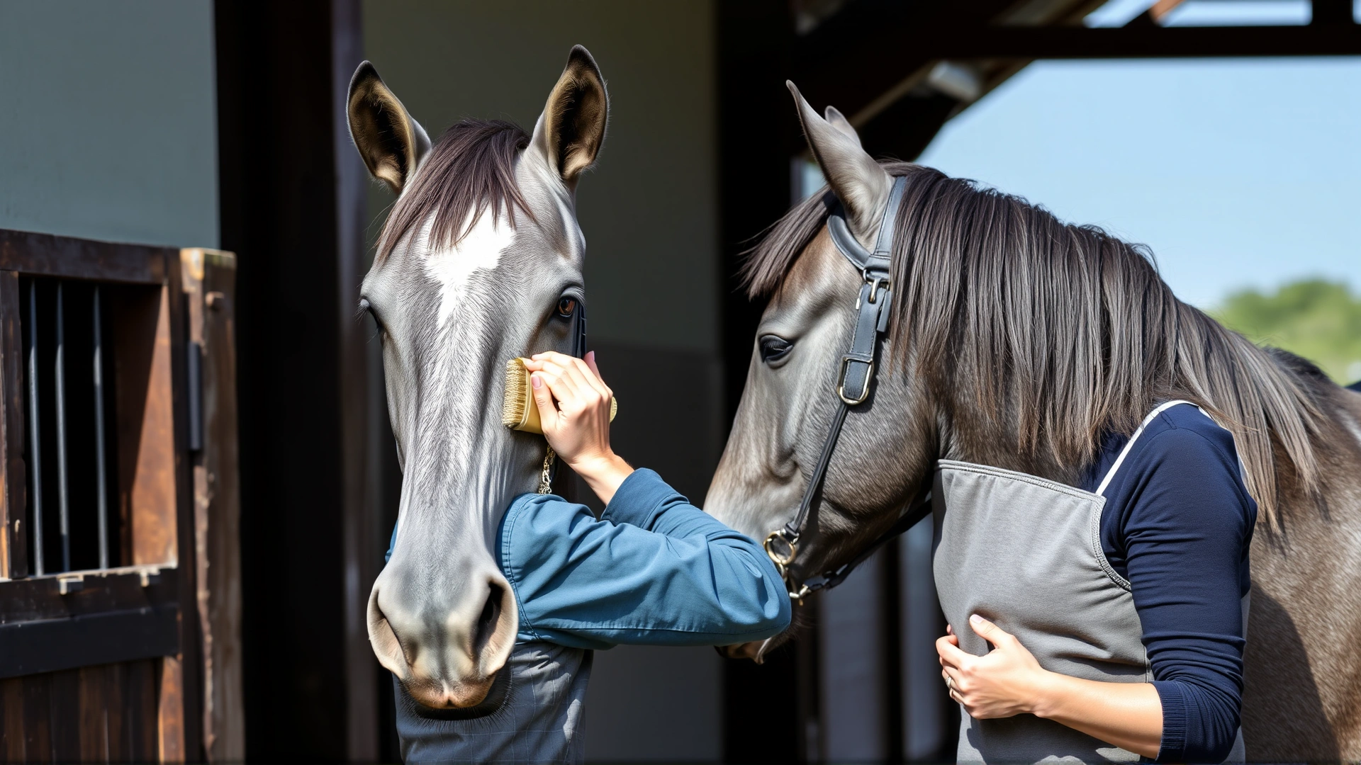 Horse owner brushing and grooming a calm grey horse in a stable, conveying post-treatment care and bonding.
