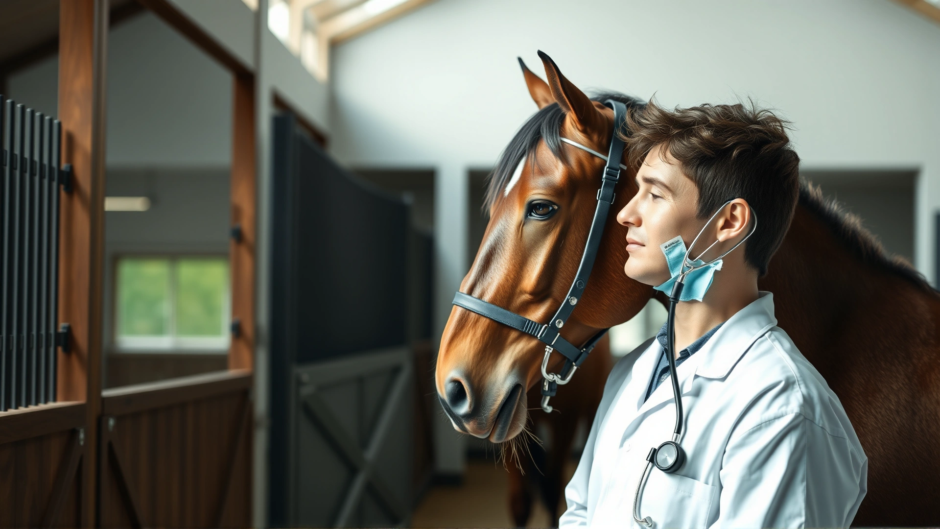 A veterinarian listening to a horse's heartbeat with a stethoscope inside a modern barn.
