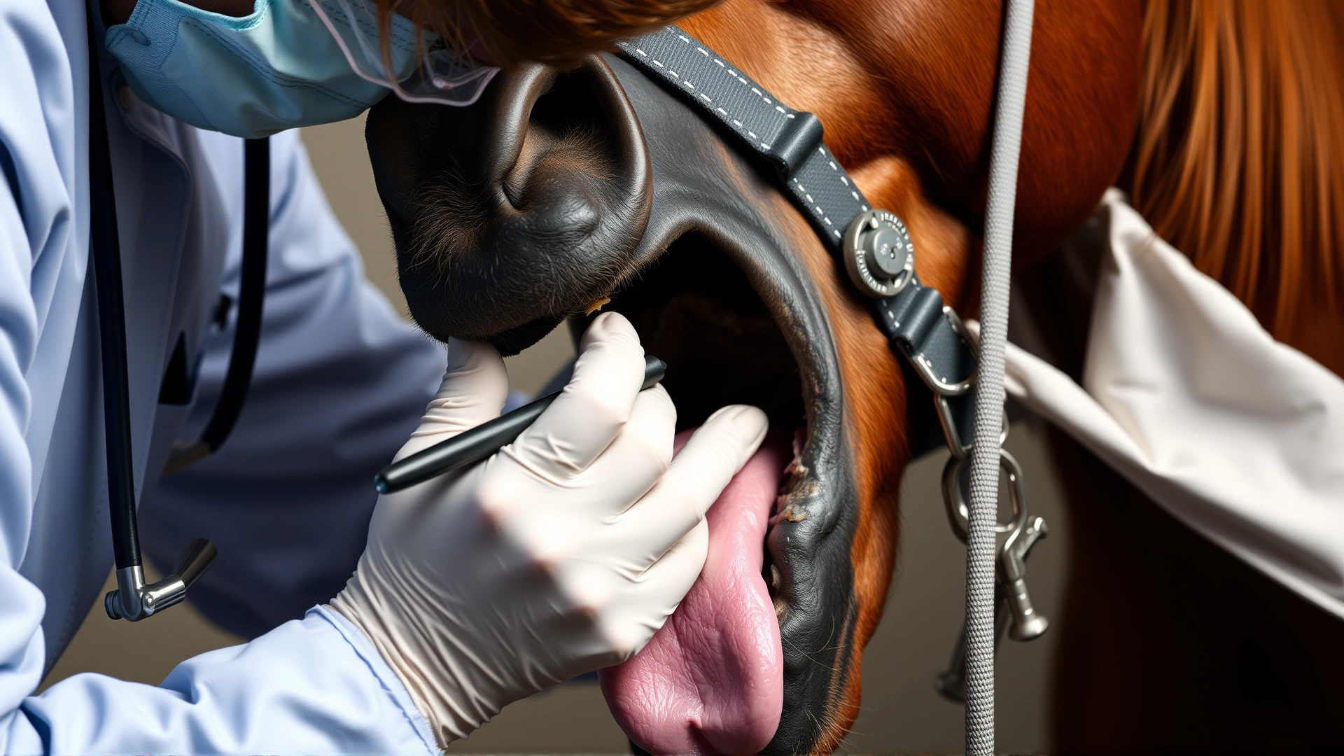 A veterinarian performing an oral exam on a chestnut horse, focusing on the mouth and tongue; no text