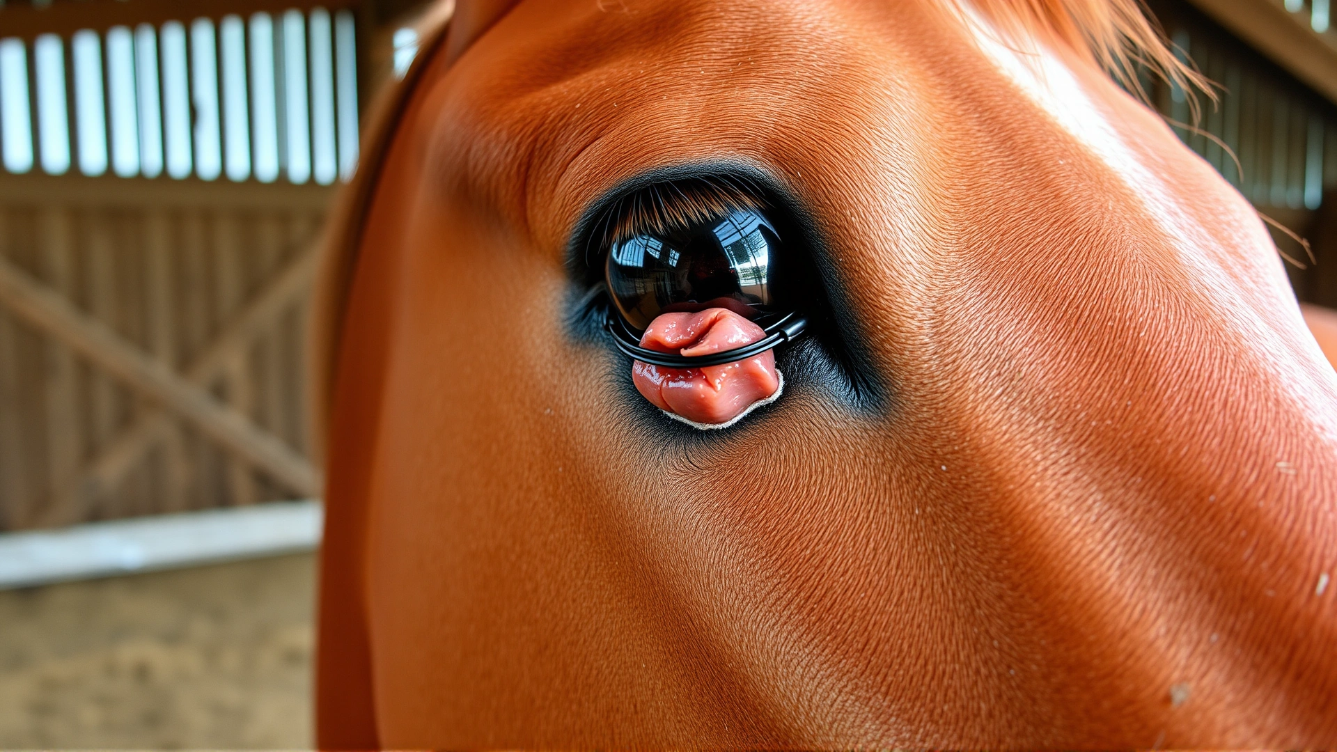 Macro shot of a horse’s skin showing a small sarcoid lesion, neutral barn background, high detail texture, no text.