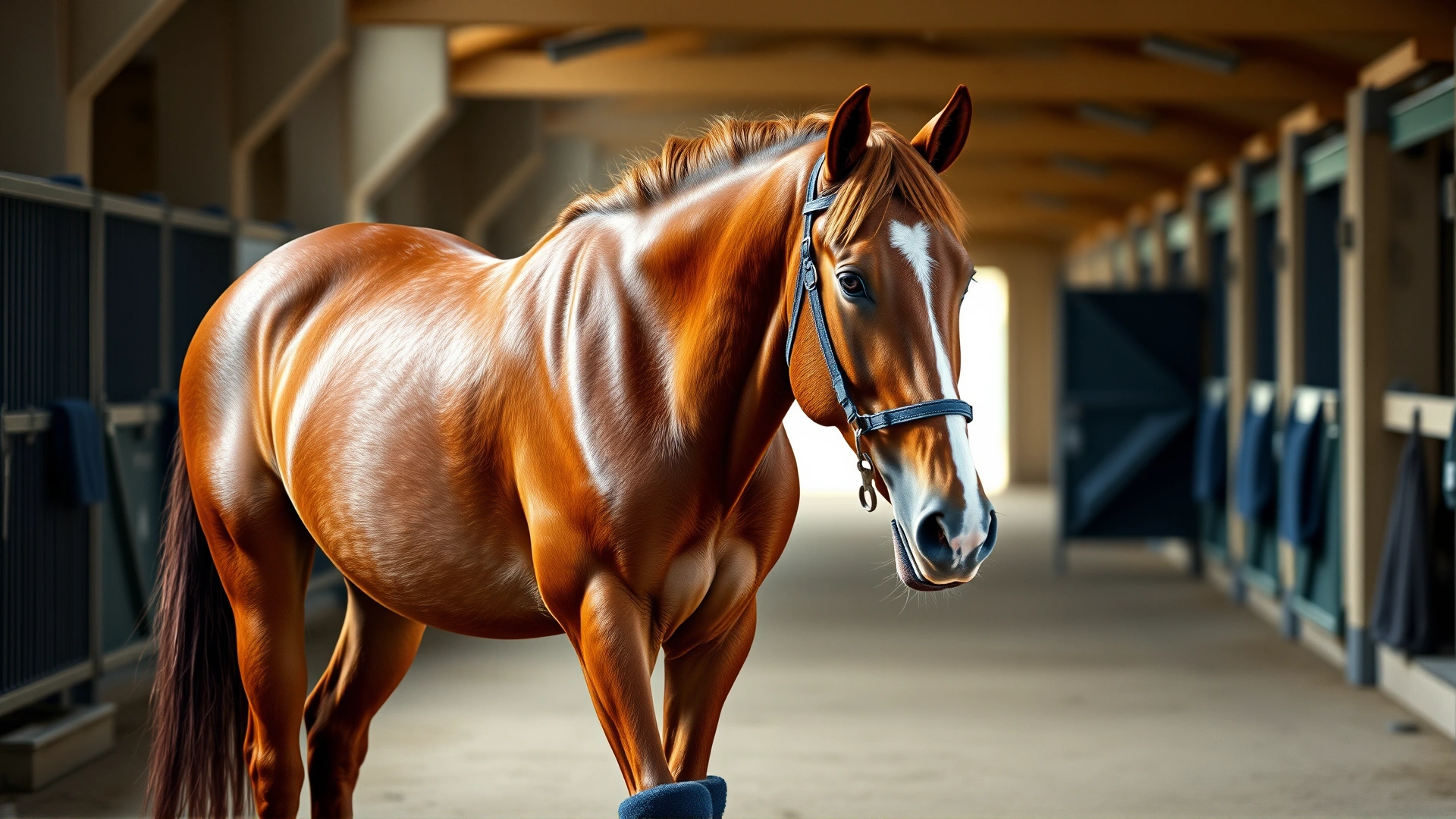 Bay horse standing calmly while its hind leg is wrapped with an ice boot, stable aisle background, no text