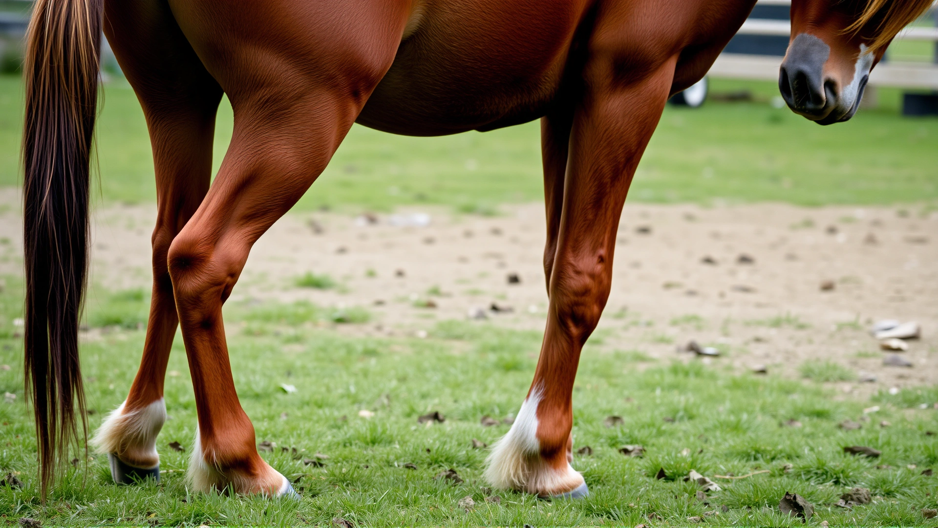 Action shot of a chestnut horse pawing at the ground and looking toward its belly, indicating colic pain, in a grassy paddock.