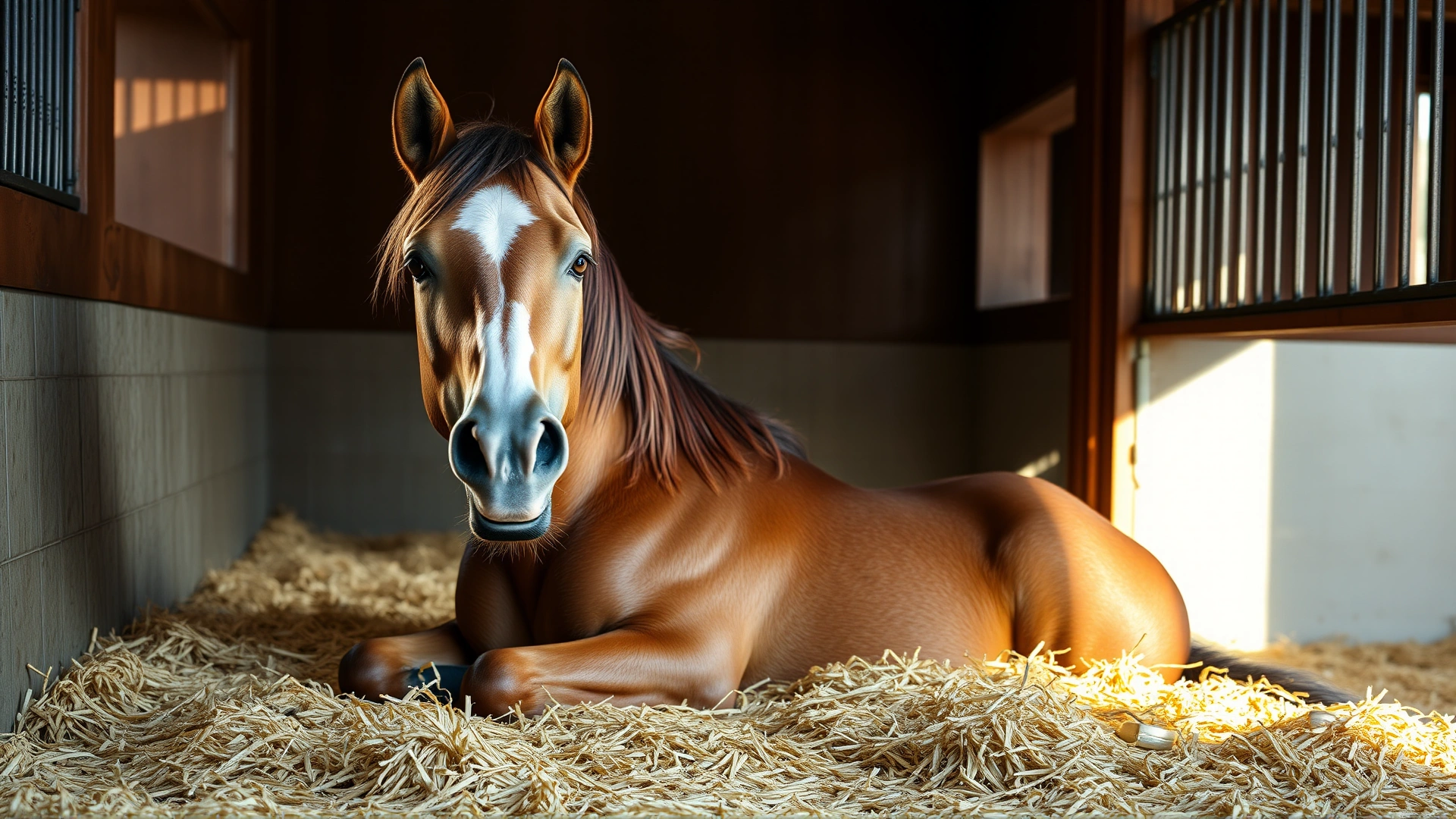 Happy, relaxed horse lying in a clean straw-bedded stall illuminated by warm afternoon light.