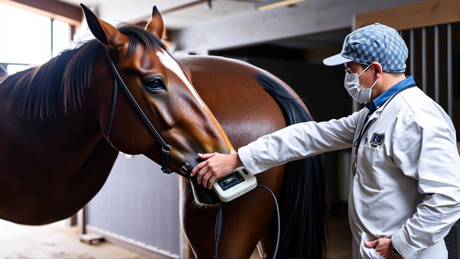 Equine veterinarian using a portable ultrasound device on a horse's hindquarter inside a stable, owner standing nearby, no text