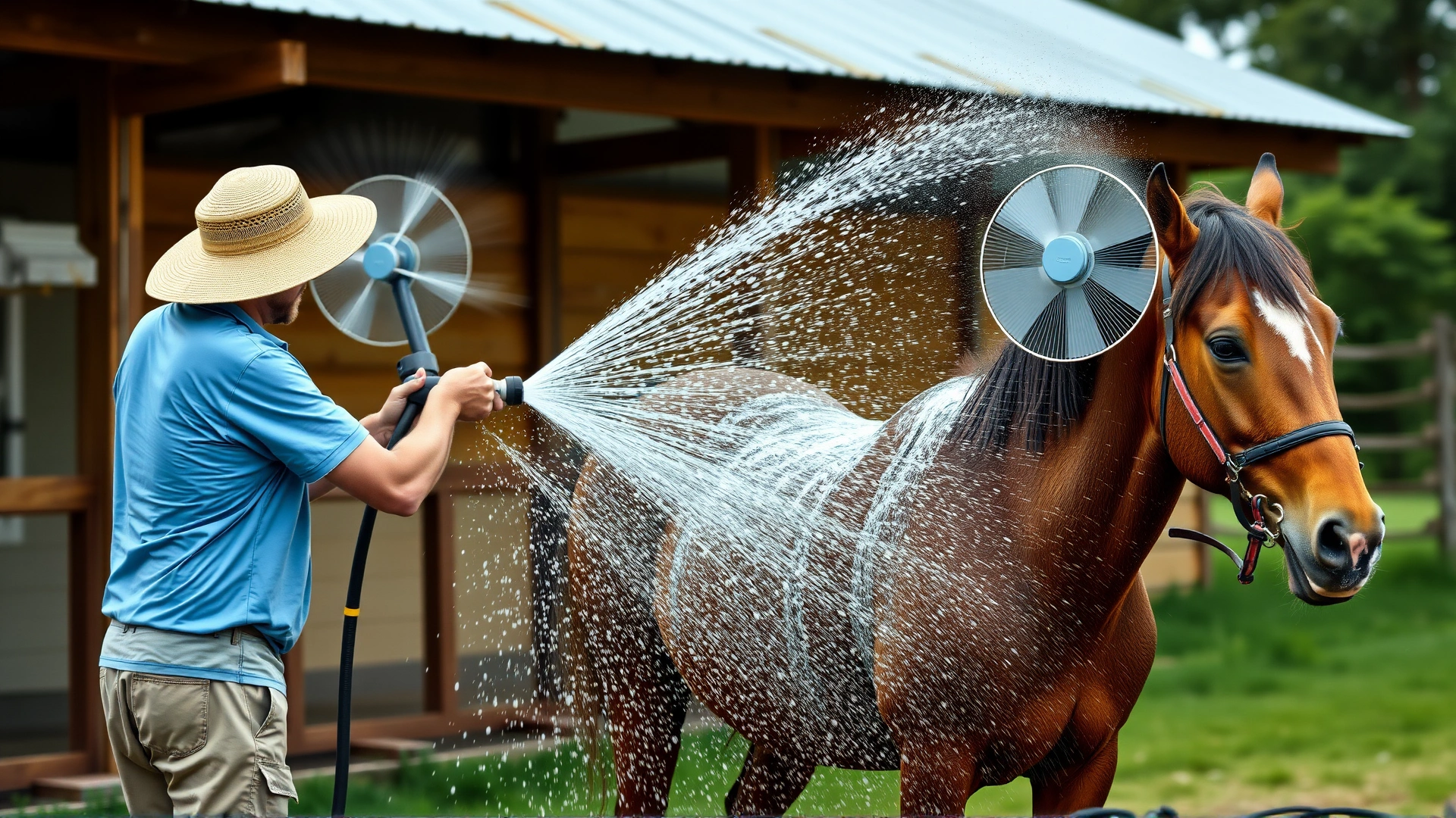 Person hosing down a horse with cool water while two fans blow air, demonstrating immediate cooling measures.
