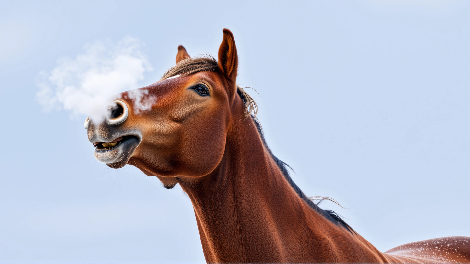 Side view of a brown horse exhaling forcefully on a cold morning, showing steam from breath and flared nostrils to depict breathing effort.