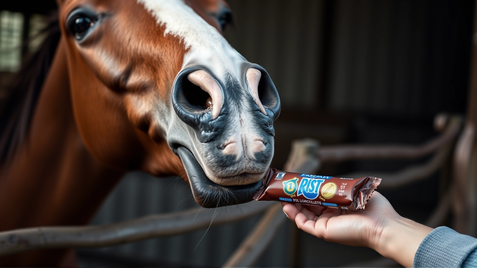 Close-up of a curious horse stretching its neck toward a human hand holding a small chocolate bar, stable background softly blurred