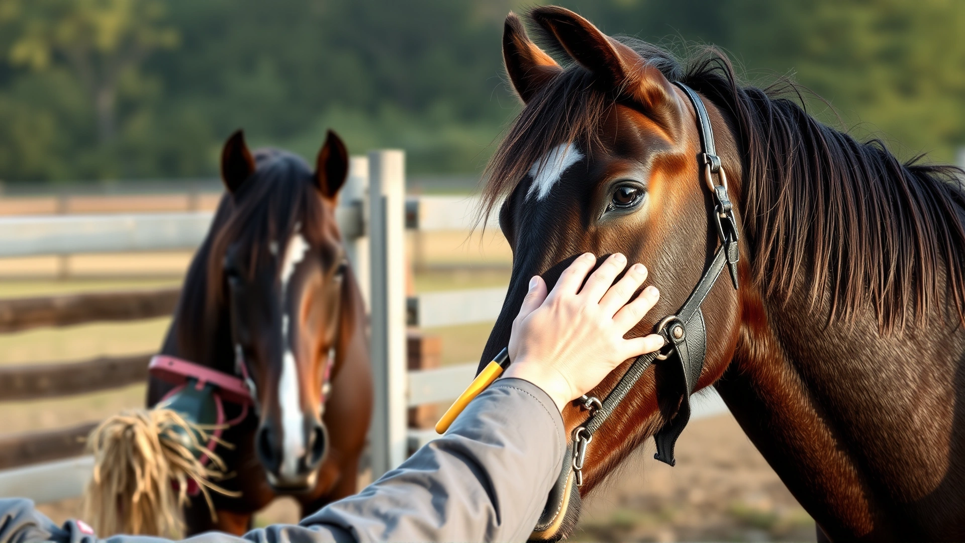 Peaceful morning scene of a caretaker brushing a horse’s face while another horse eats roughage in the background, suggesting daily dental care routine, no text