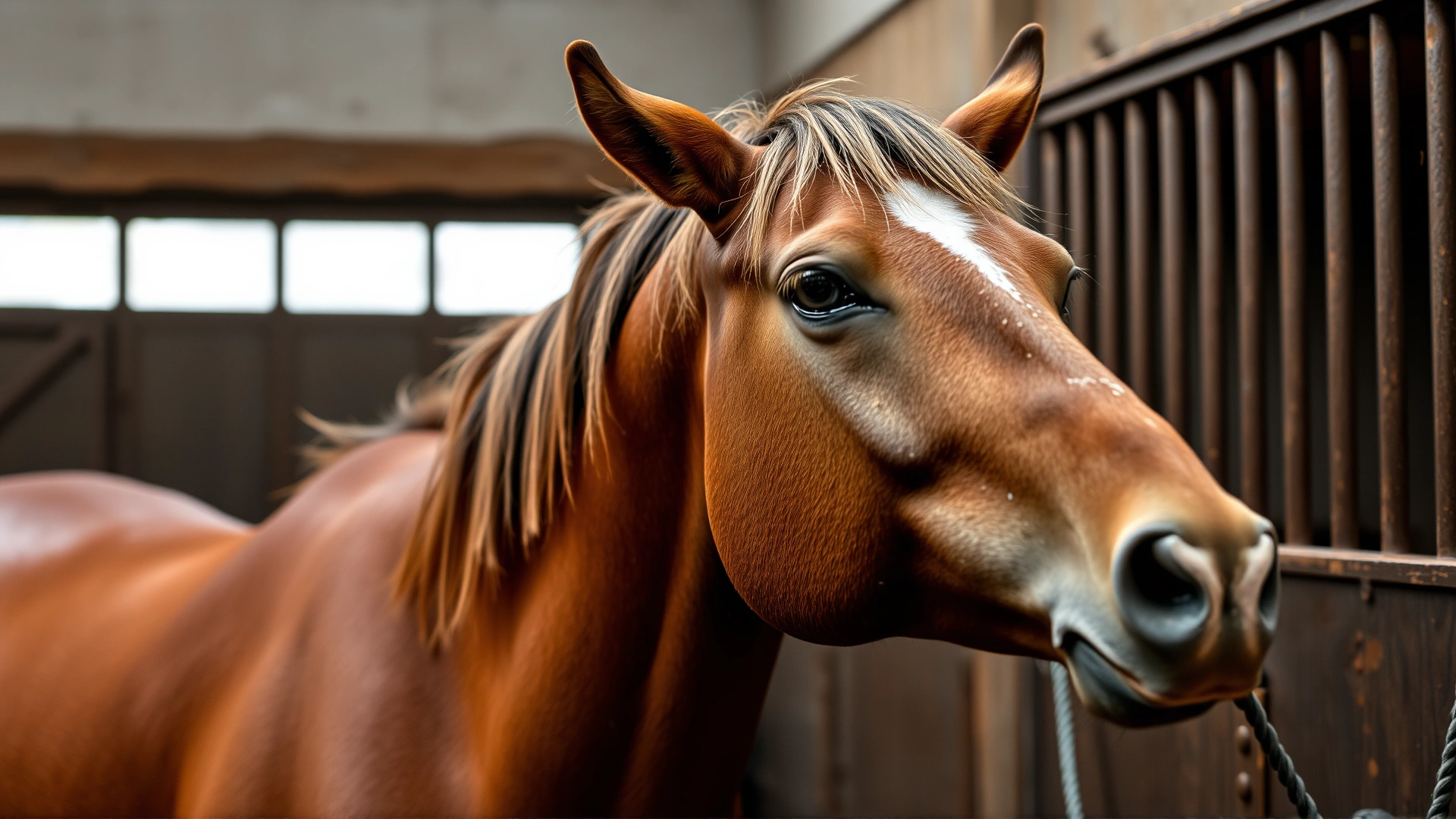 Close-up photograph of a bay horse standing in a stall, ears slightly back and dull coat, subtly indicating discomfort
