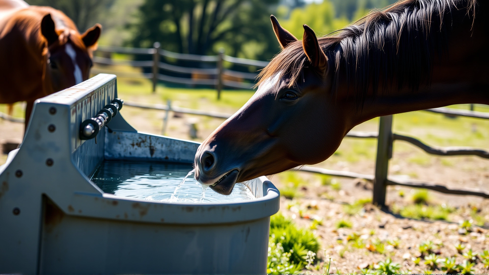 Thirsty horse eagerly drinking cool water from a large metal trough in a sunlit pasture.