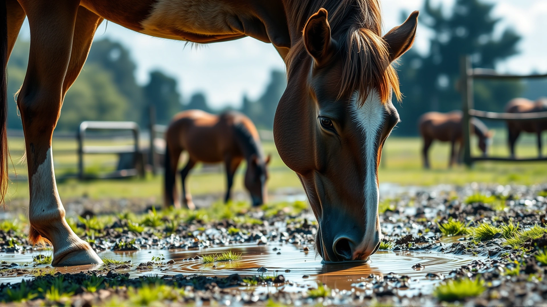 A horse drinking from a muddy puddle in a pasture, highlighting one of the main infection sources.